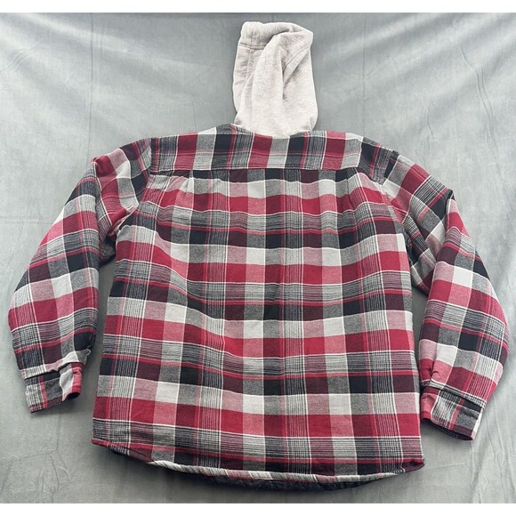 Wrangler Authentics Jacket Mens Large Red Gray Plaid Hooded Flannel Lined Shirt - Picture 3 of 11